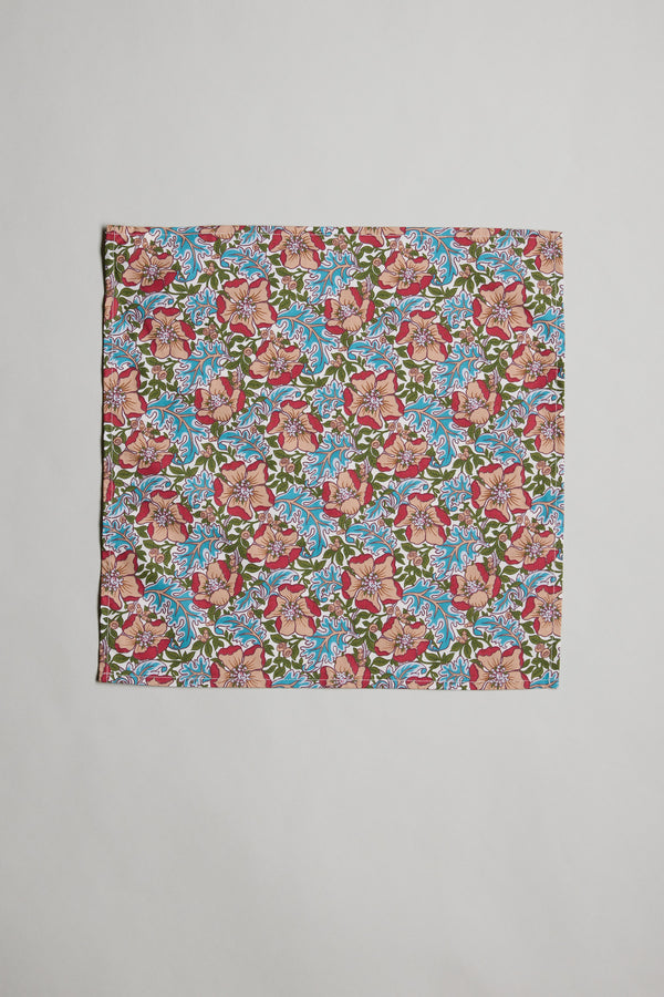 Liberty Millie Francesca Pocket Square with red, pink, and blue flowers on white.