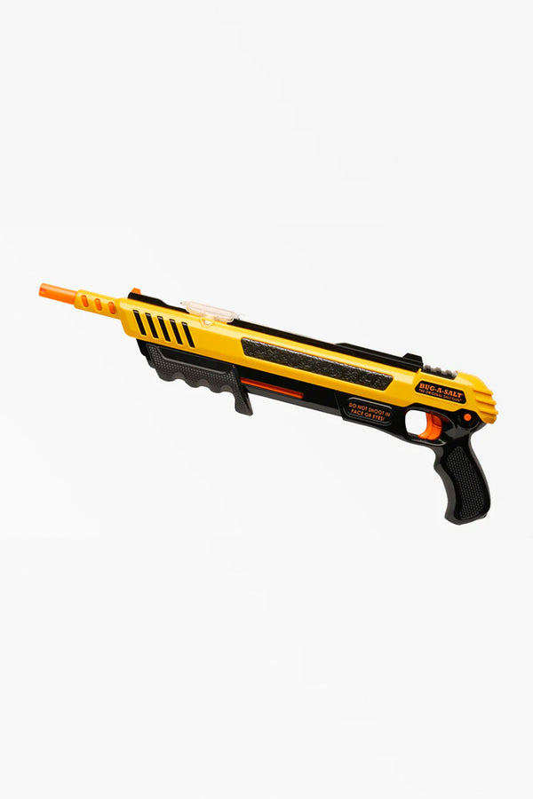 The Bug-A-Salt 3.0 Black Fly by Other is a yellow and black rifle-style toy gun with an orange tip, black grip, and trigger, designed for fly elimination and shown on a white background.