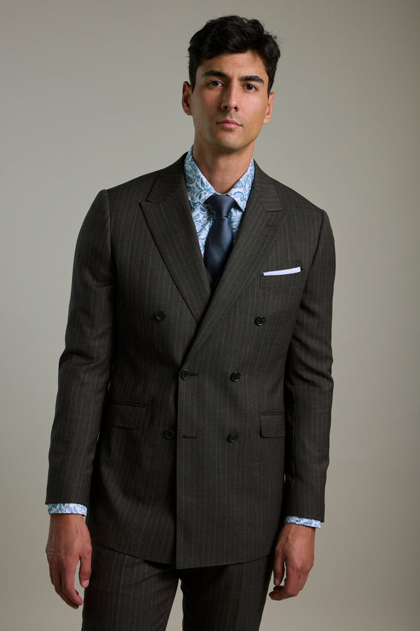 Man in a Barkers Radcliffe Stripe Double Breasted Suit Jacket and blue tie.