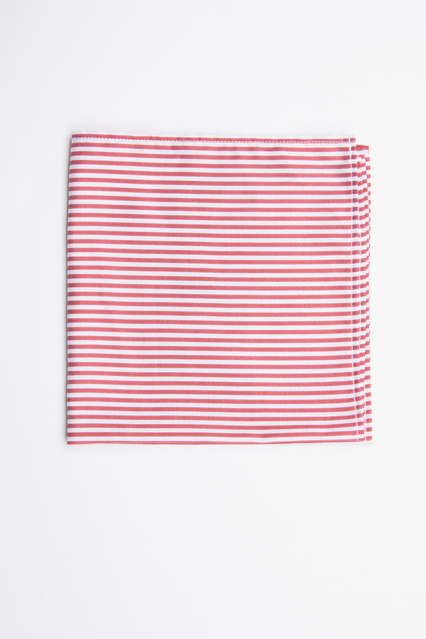 The Barkers Nelm Stripe Pocket Square features red and white horizontal stripes on soft cotton, neatly folded and displayed on a white background.