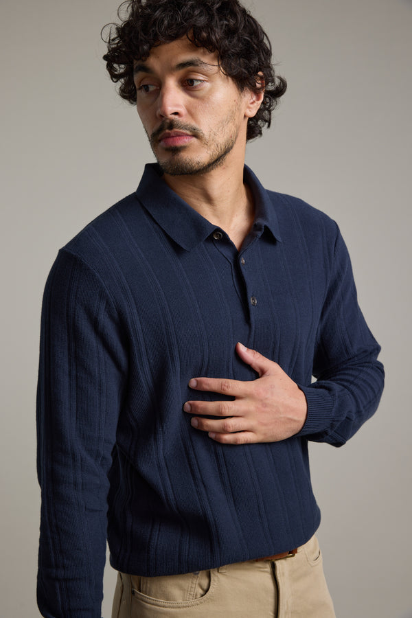 Barkers Seaside Long Sleeve Cotton Polo in navy, cotton, alternate view
