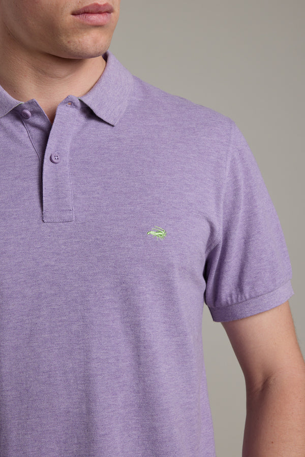 Man in a light purple Regent Pique Polo by Barkers made from organic cotton.