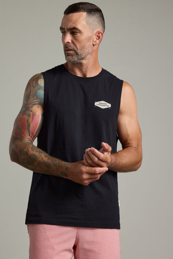 Barkers Supply Co Print Singlet in black, alternate view