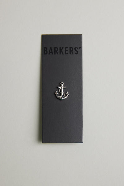 The Barkers Anchor Lapel Pin, displayed on a black card with the brand name at the top and a light grey background, makes an ideal nautical accessory or gift for ocean lovers.