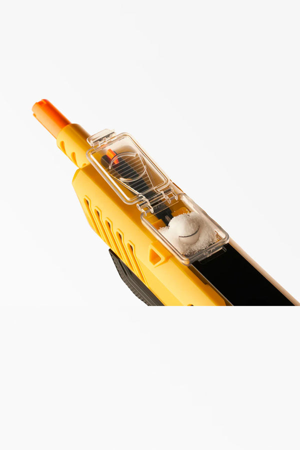 A close-up of the Other Bug-A-Salt 3.0 Black Fly handheld device, featuring yellow and black colors, an orange tip, and a transparent salt compartment, designed for efficient fly elimination against a plain white background.