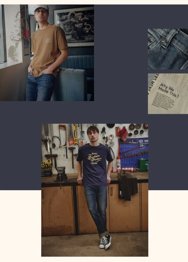 Two men model casual outfits: one wears a brown T-shirt and jeans, standing by a window; the other wears a navy graphic T-shirt, jeans, and sneakers in a workshop. Close-ups show denim details and a shirt label.