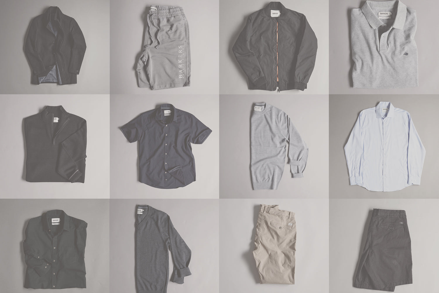 A grid of 16 squares displays various mens clothing items including shirts, jackets, sweaters, pants, and shorts in neutral colors like black, gray, navy, and beige.