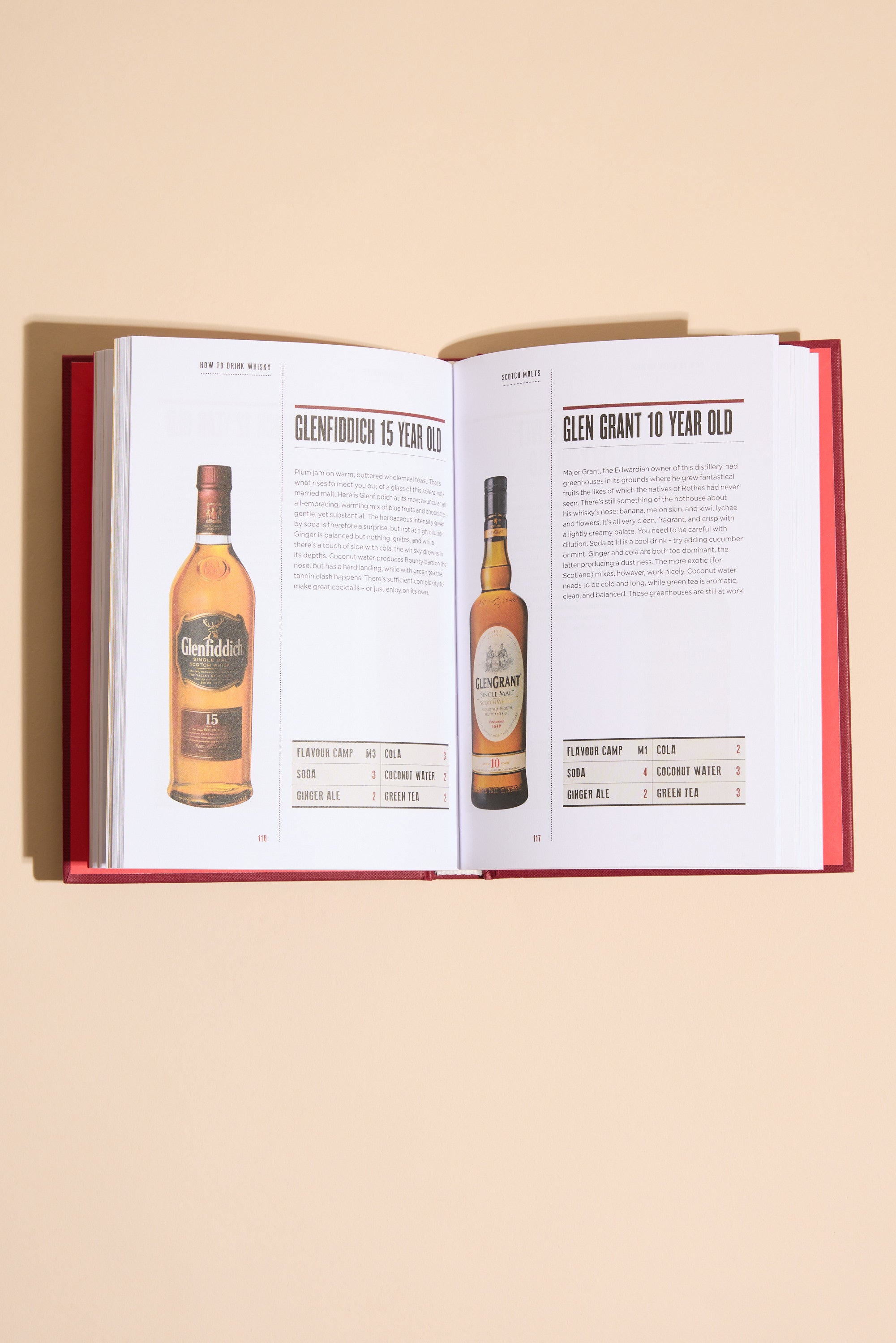 An open book, Whisky The Manual by Other, displays tasting notes and images of Glenfiddich 15 Year Old and Glen Grant 10 Year Old, along with whisky tips, all set on a light beige background.