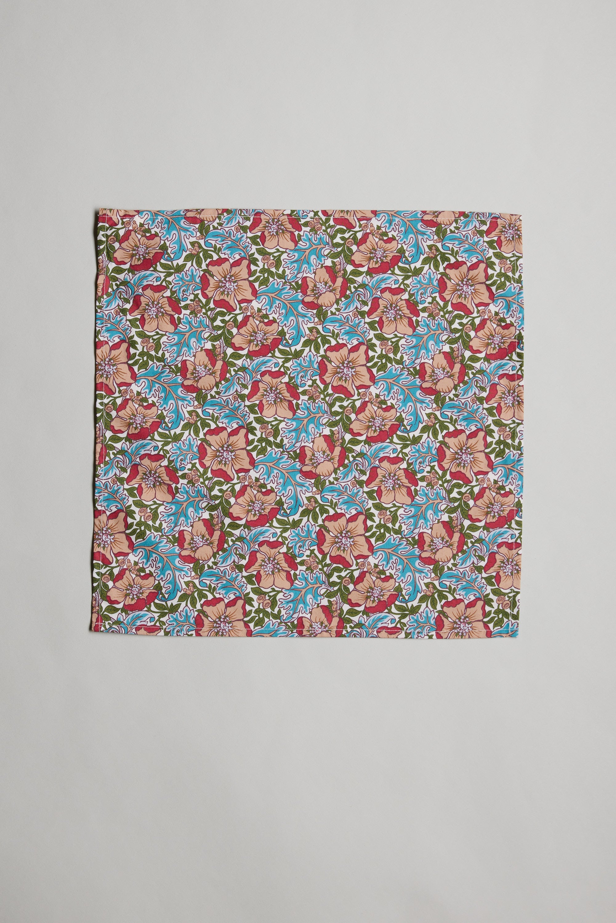 Liberty Millie Francesca Pocket Square with red, pink, and blue flowers on white.