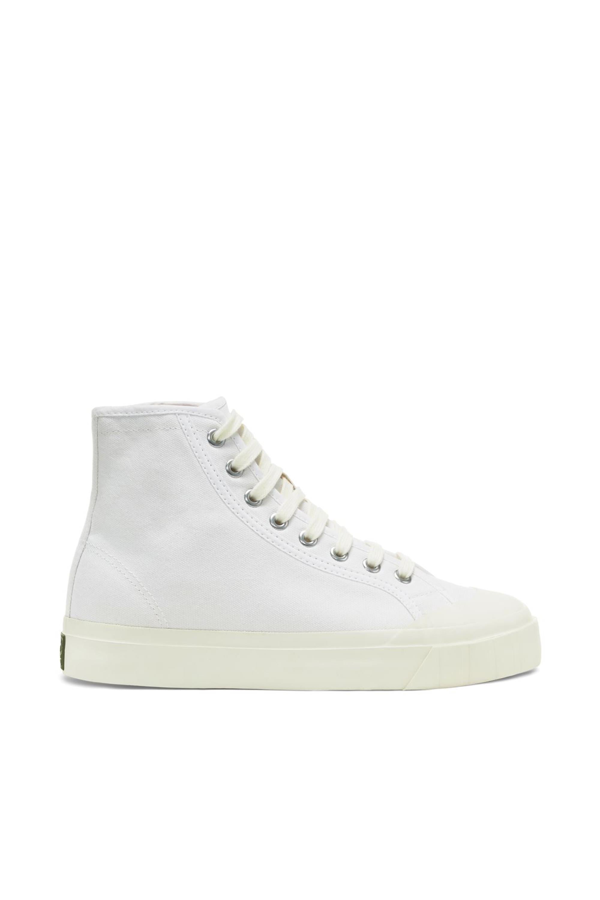 The Superga Campinato Basket by Superga is a white high-top canvas sneaker inspired by 70s basketball, featuring white laces and a vulcanized natural rubber sole, shown in side profile on a plain white background.