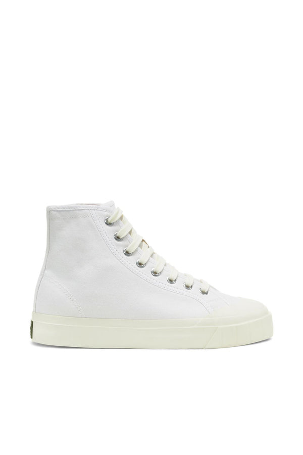 The Superga Campinato Basket by Superga is a white high-top canvas sneaker inspired by 70s basketball, featuring white laces and a vulcanized natural rubber sole, shown in side profile on a plain white background.