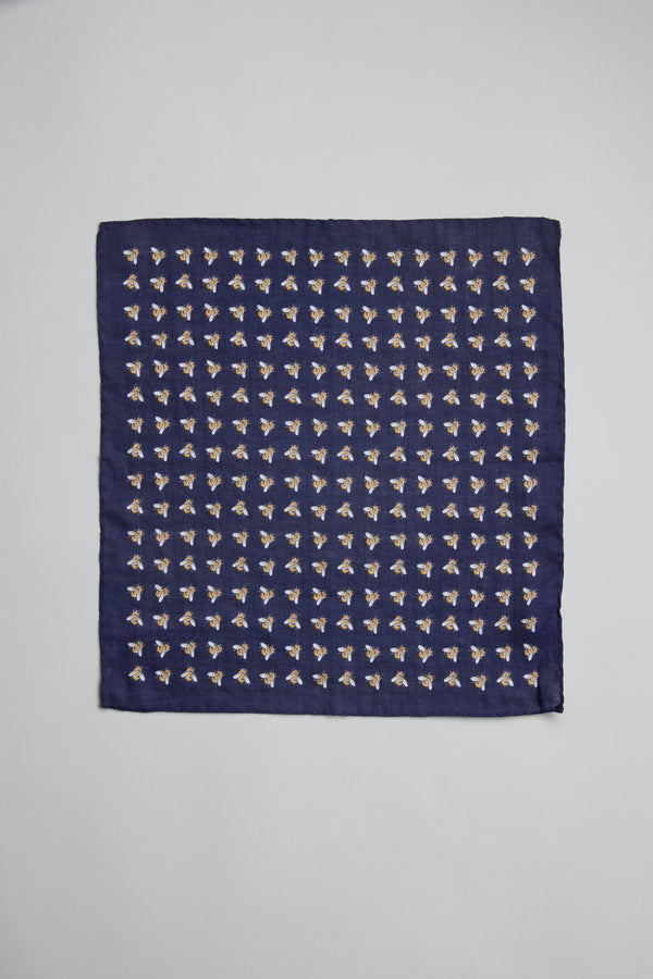 Parisian Bee Linen Pocket Square by Parisian, handmade in New Zealand, blue with floral pattern.