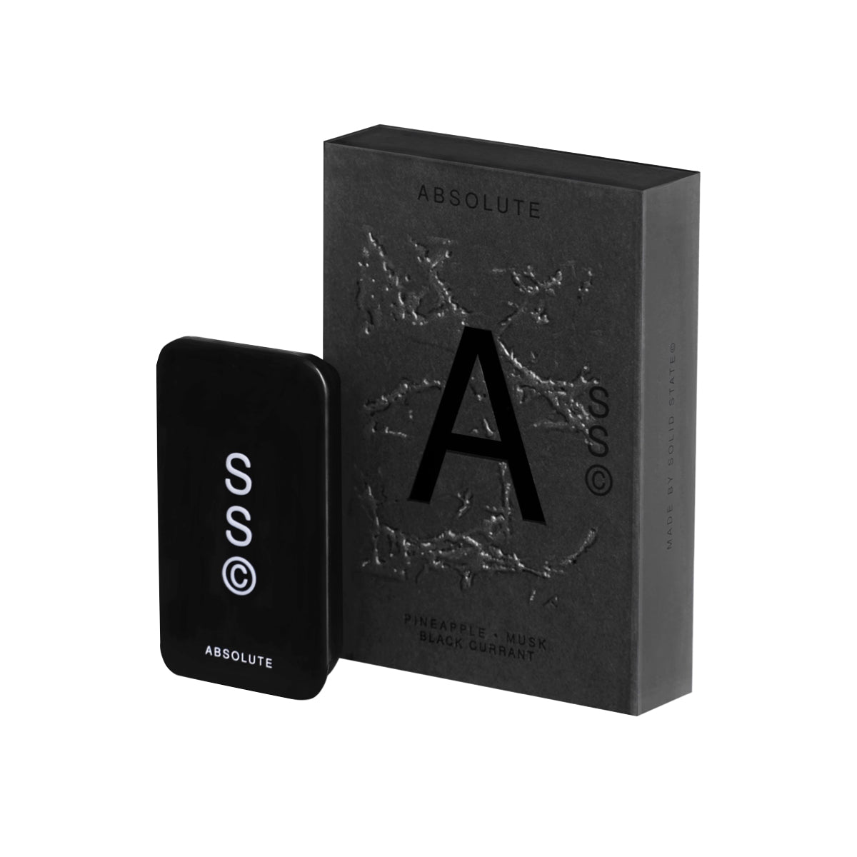 A black rectangular Solid State - Absolute perfume bottle labeled SSC© sits beside its matching box with a large A and notes of PINEAPPLE • MUSK • BLACK CURRANT—this pocket-sized cologne is inspired by Creed Aventus.