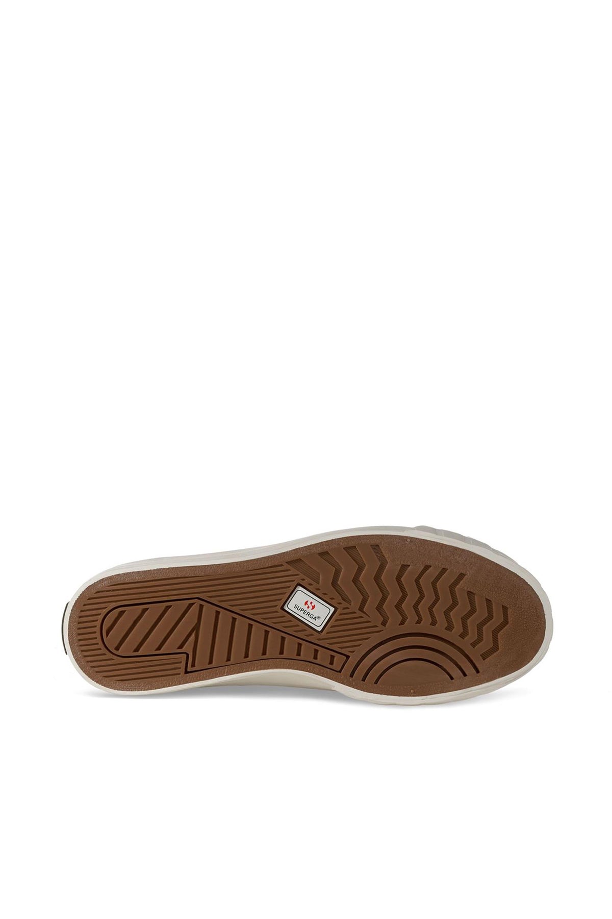 The image shows the sole of the Superga Campinato Basket sneaker by Superga, featuring a brown, textured vulcanized rubber outsole with a small rectangular logo at the center. The white outline contrasts with the sole against a plain white background.