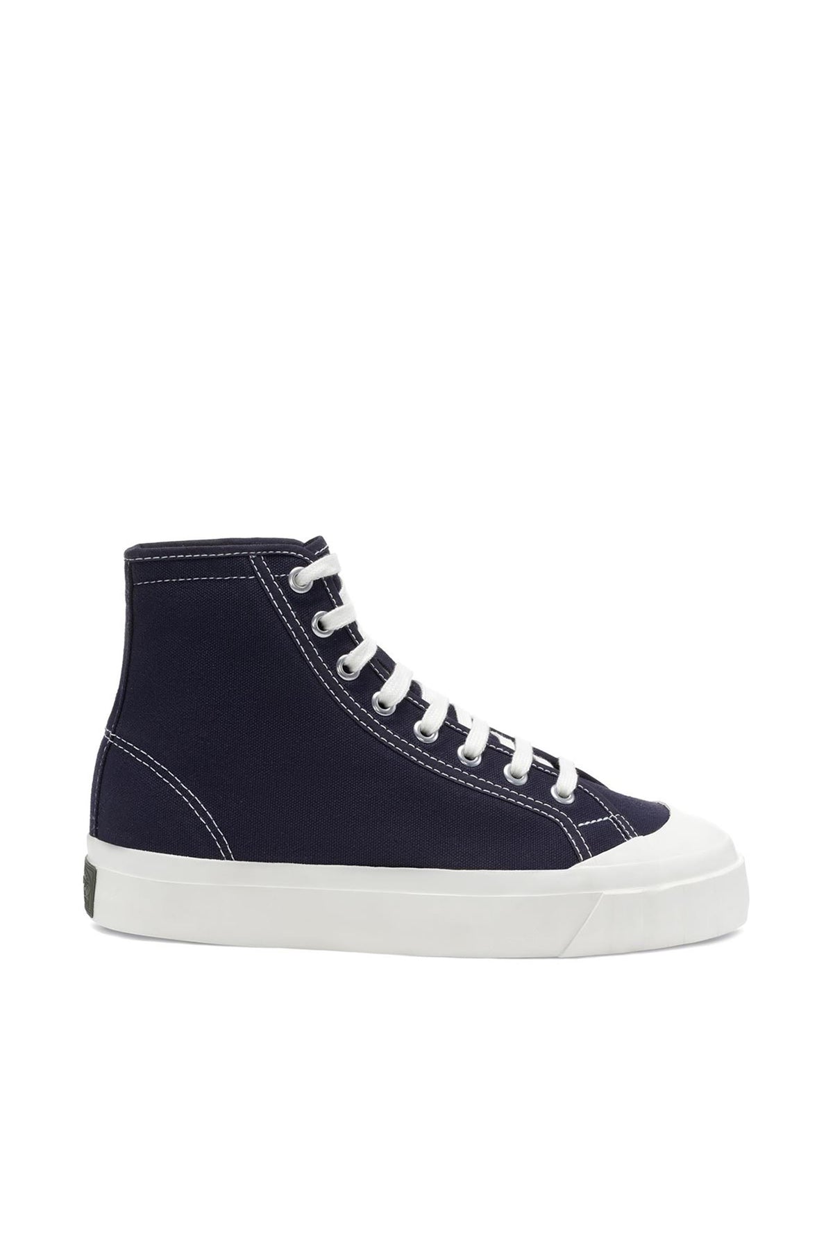 The Superga Campinato Basket by Superga is a navy blue high-top canvas sneaker with white laces, white stitching, and a thick vulcanized rubber outsole, reminiscent of classic 70s basketball style, shown in side profile on a plain white background.