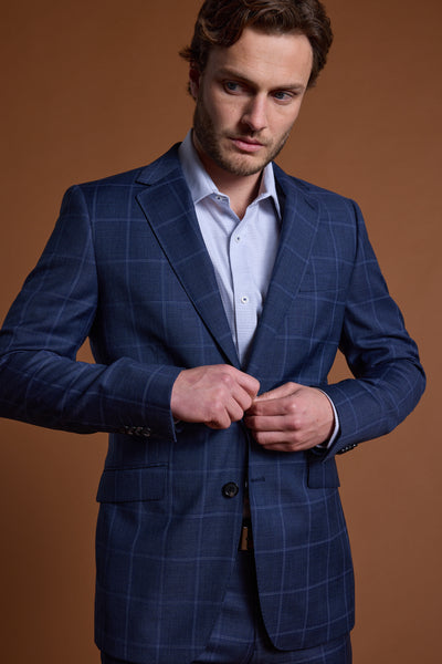 Barkers Treyburn Check Suit Jacket in blue check, merino