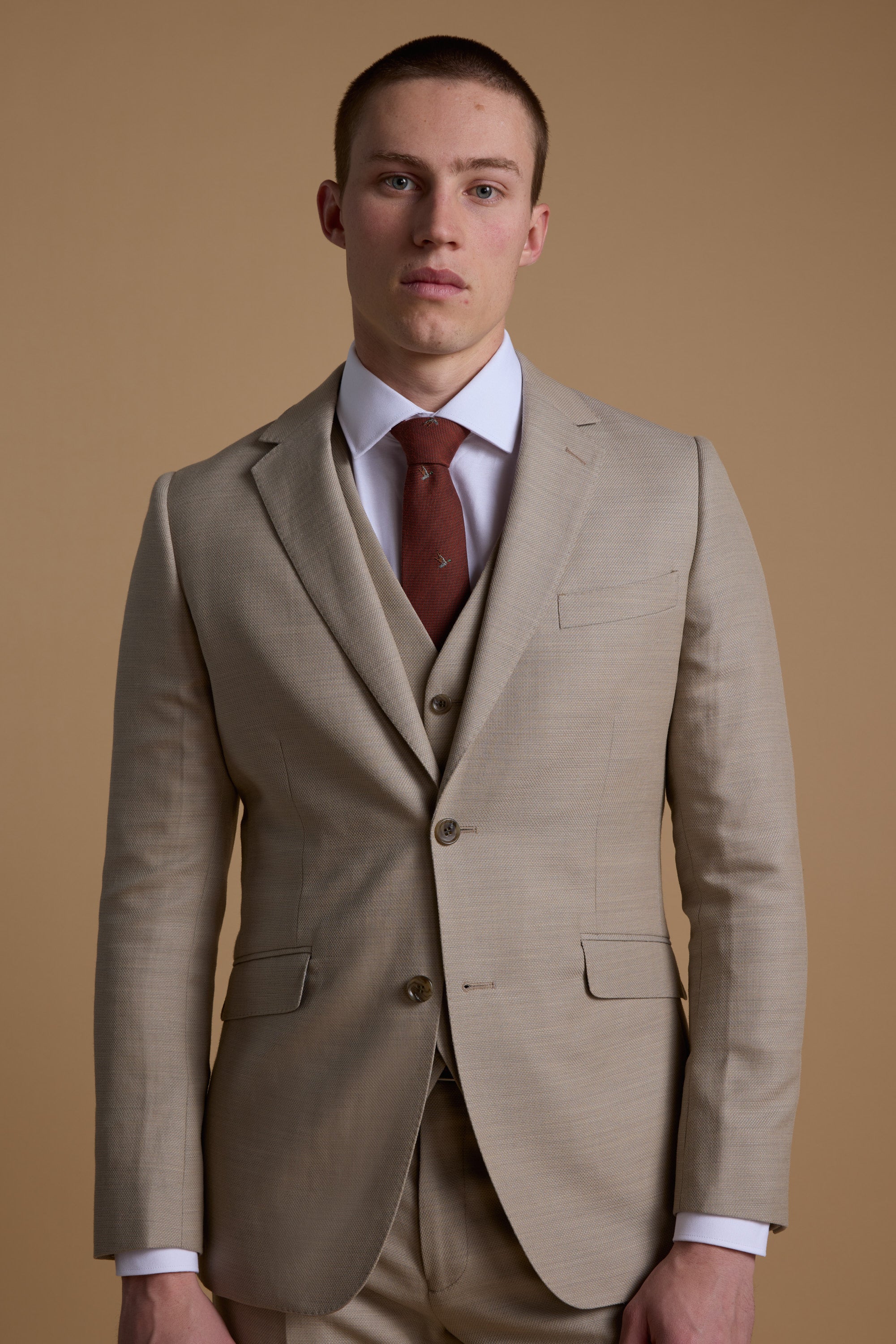 Barkers Lister Texture Waistcoat in oatmeal, tailored fit, alternate view