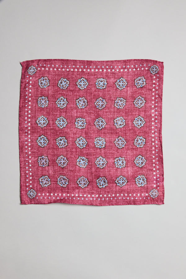Parisian Motif Linen Pocket Square by Parisian with white and blue floral and dotted borders.