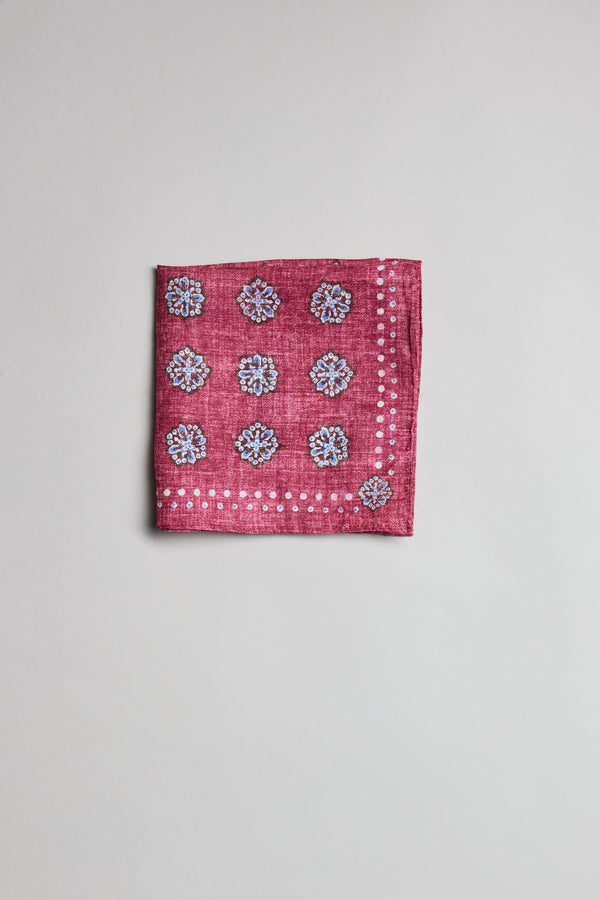Parisian Motif Linen Pocket Square by Parisian, in red with white and blue geometric print.