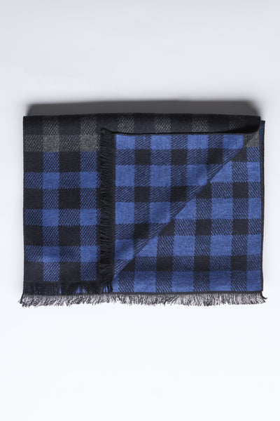 The Barkers Harper Scarf features blue & black checks, 100% rayon with fringed edges.