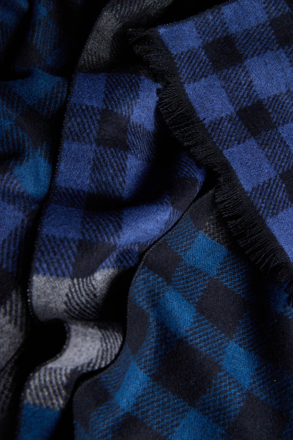 Close-up of the Barkers Harper Scarf in a soft blue and black classic plaid check.