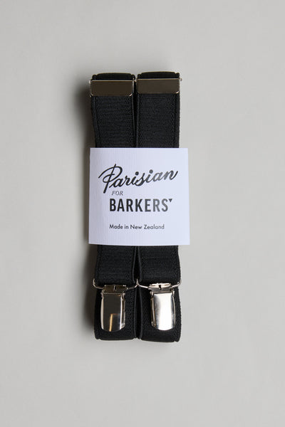 Parisian x Barkers Braces: black suspenders with silver clips and leather detail.