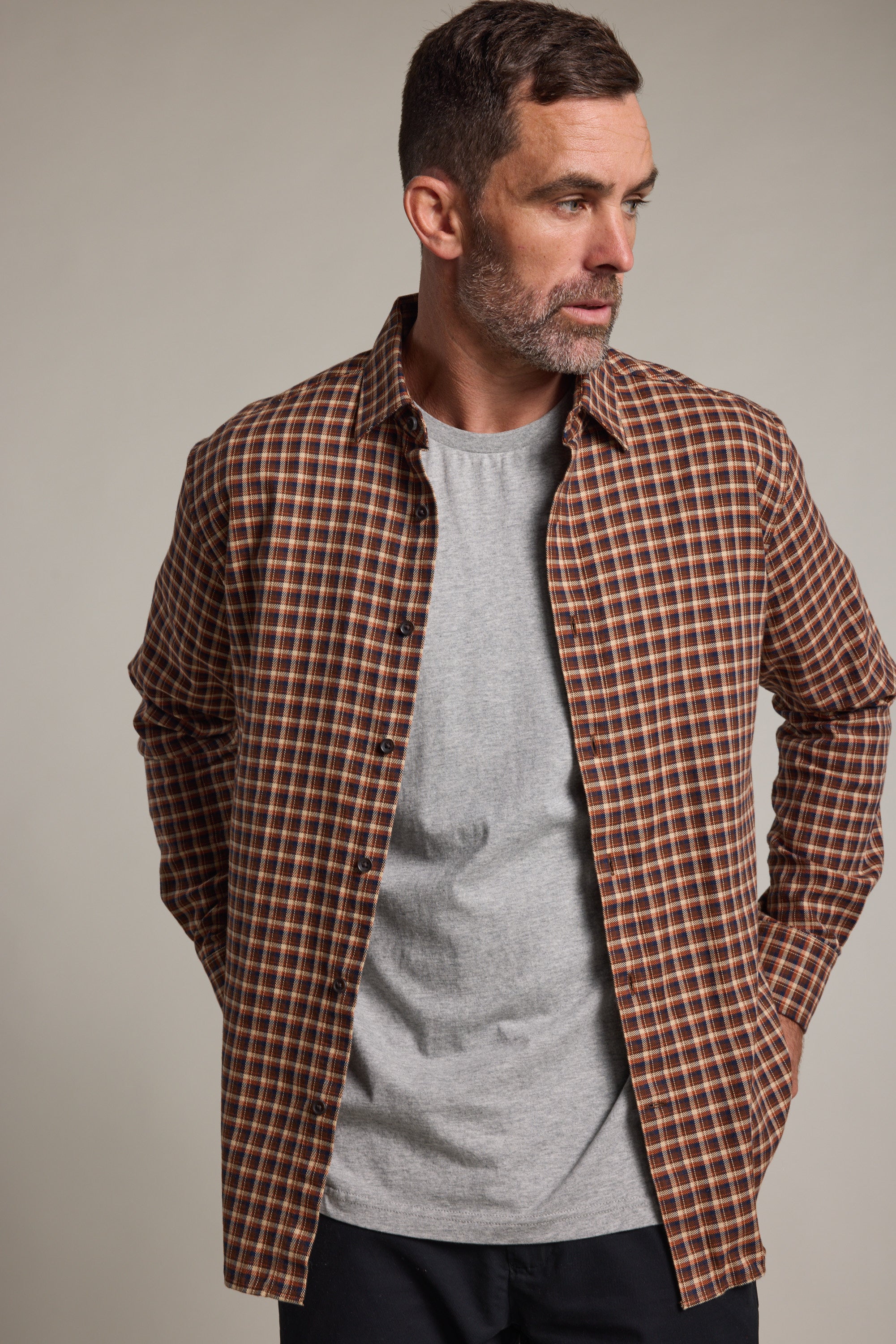 Barkers Augusta Check Shirt in brown check, tailored fit, alternate view