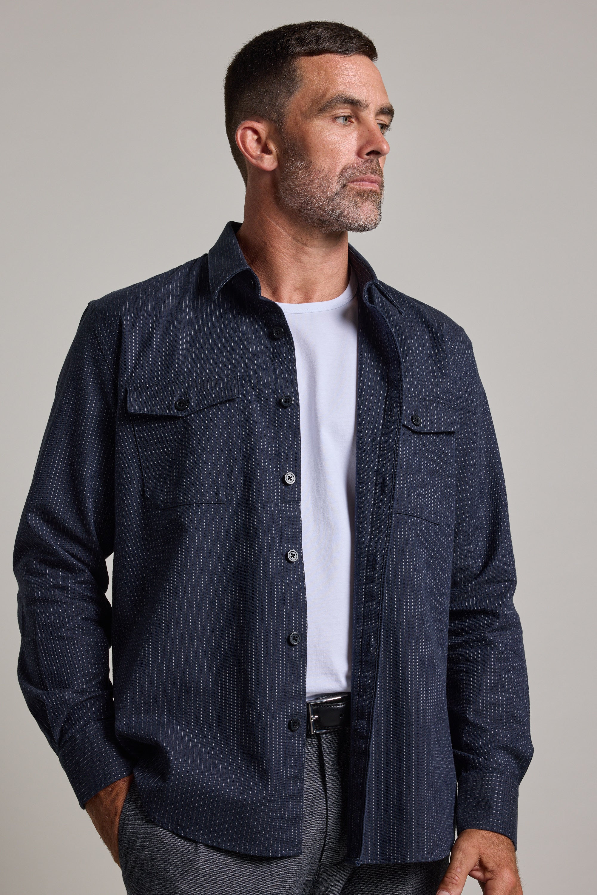 Barkers Timothy Stripe Overshirt in navy, cotton, additional view