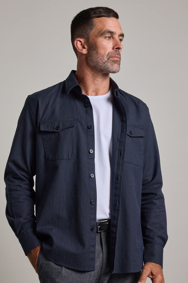 Barkers Timothy Stripe Overshirt in navy, cotton, additional view