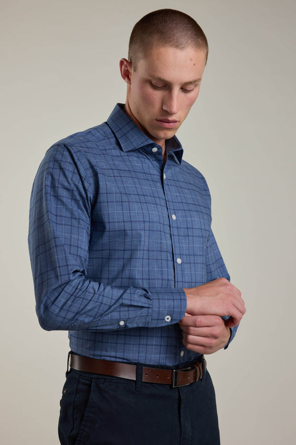 Barkers Marr Check Business Shirt in navy check, tailored fit, alternate view