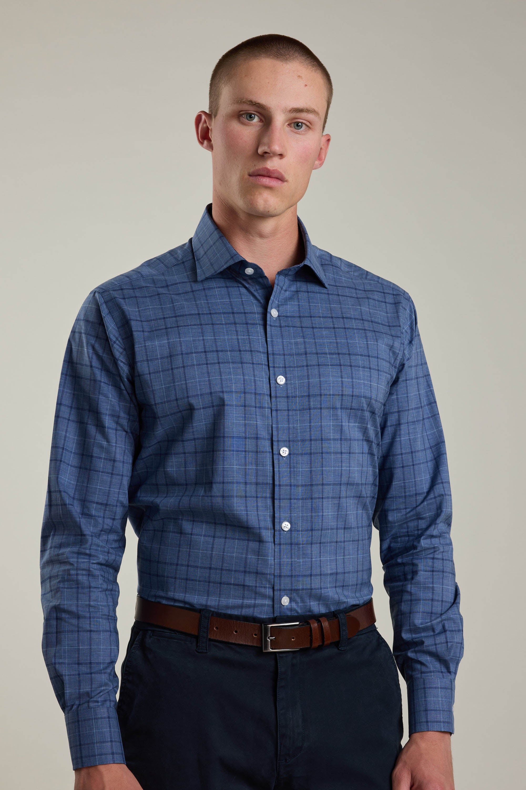 Barkers Marr Check Business Shirt in navy check, tailored fit, additional view
