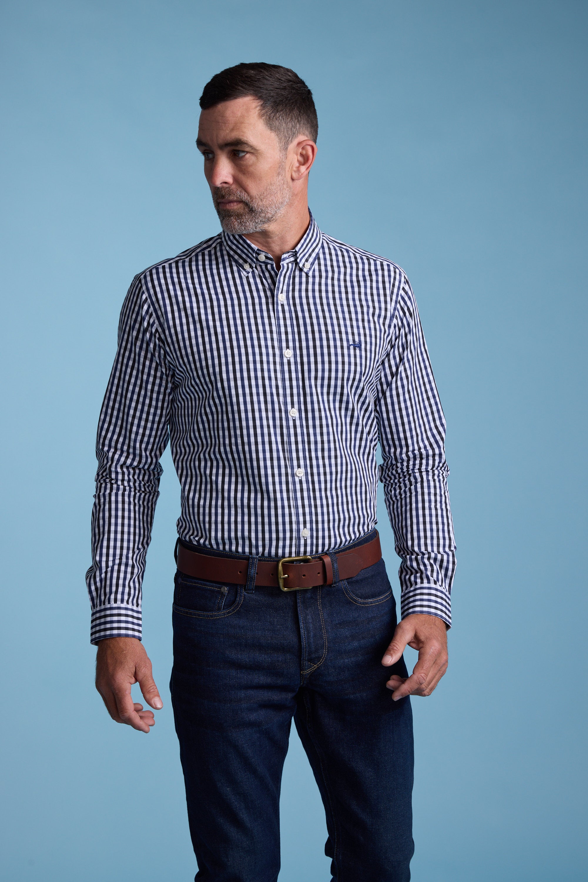 Barkers Pina Check Shirt in navy/white, classic fit, additional view