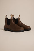 Blundstone Classic Chelsea Boots #1609 in antique brown leather with black elastic sides.