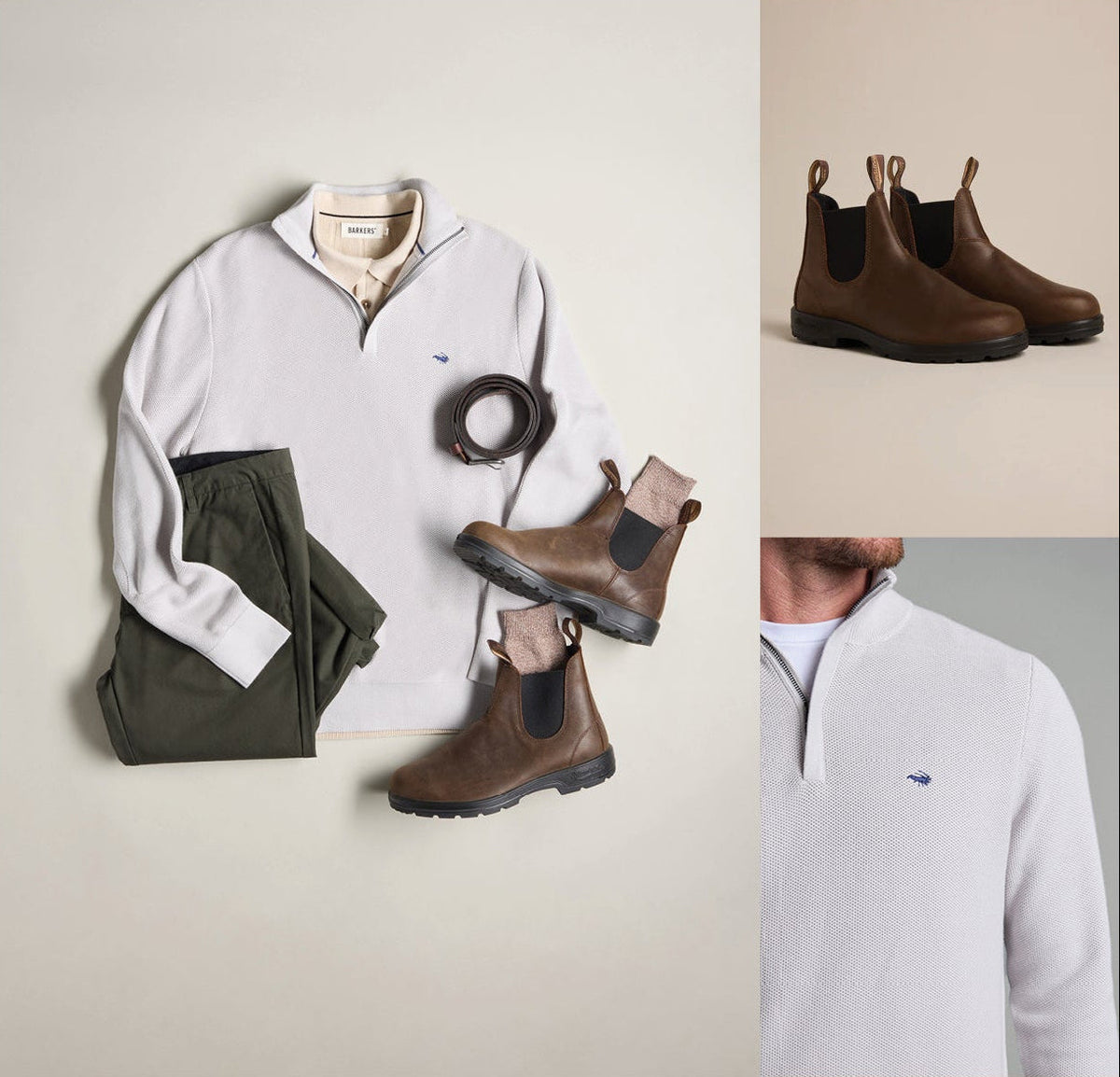 Pale sweater, olive pants, and brown boots with NZ style; detail and model close-ups shown.