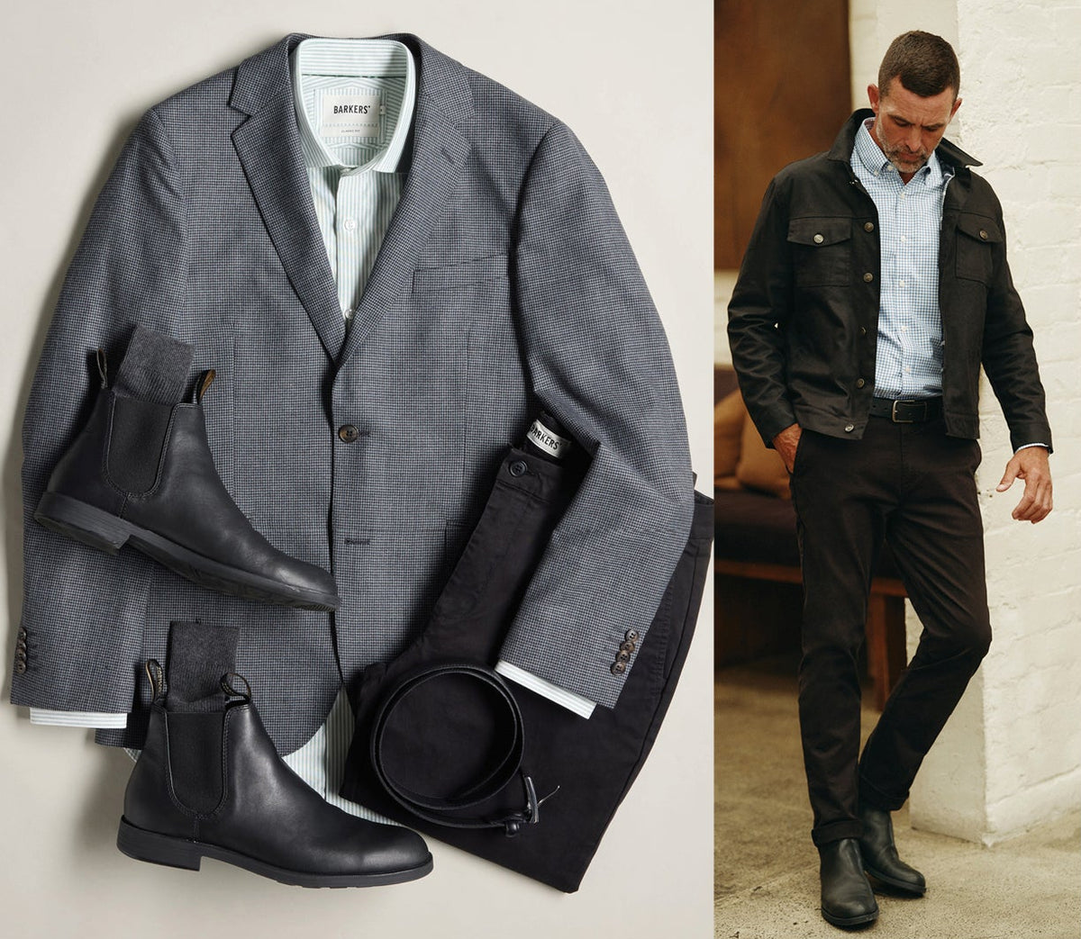 Gray blazer, NZ striped shirt, black pants, black boots and belt; similar outfit worn by man.