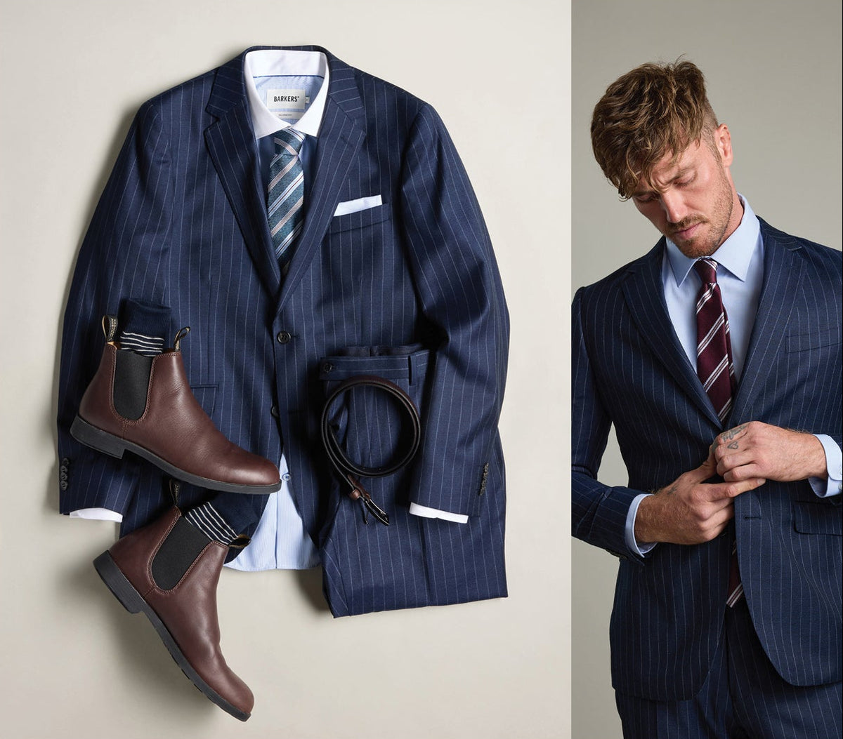 Navy pinstripe NZ suit with tie, shirt, belt, boots; man wearing the suit on the right.