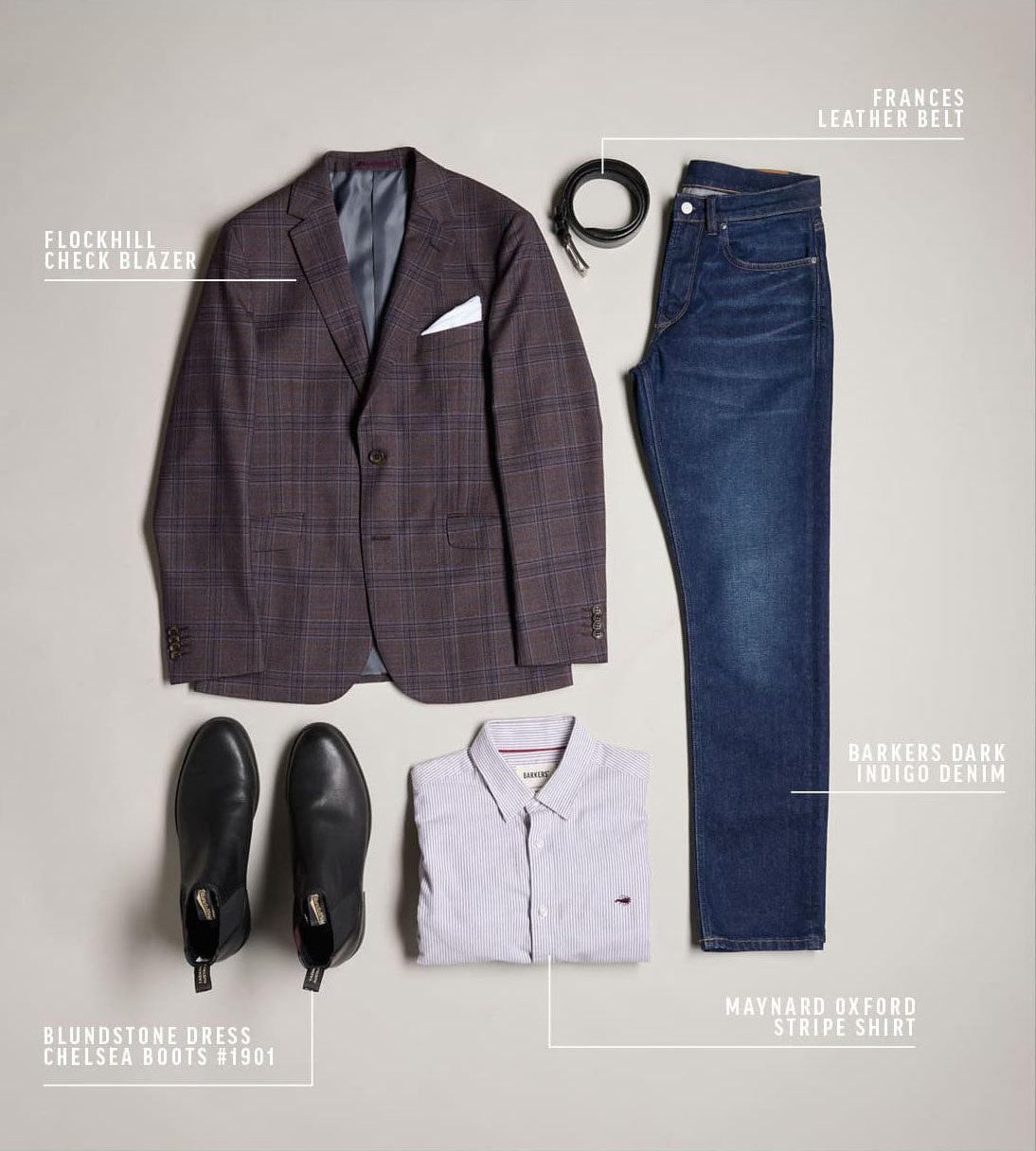 Men’s check blazer, striped shirt, jeans, NZ black boots, and a black leather belt laid out.