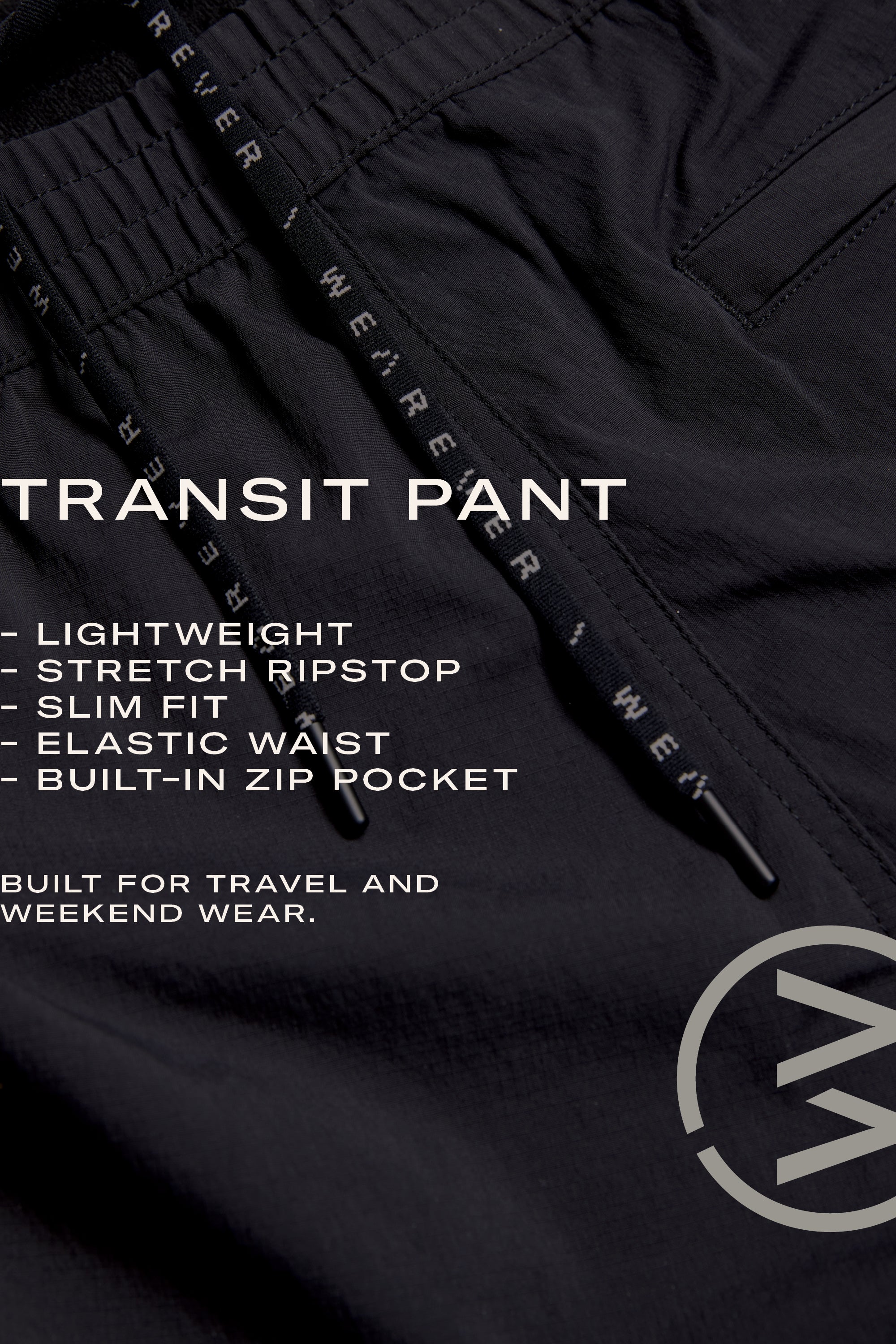 Close-up of WearEver Transit Pant: black travel pants with elastic waistband and drawstring, featuring lightweight stretch ripstop, slim fit, elastic waist, and built-in zip pocket—ideal for any adventure.