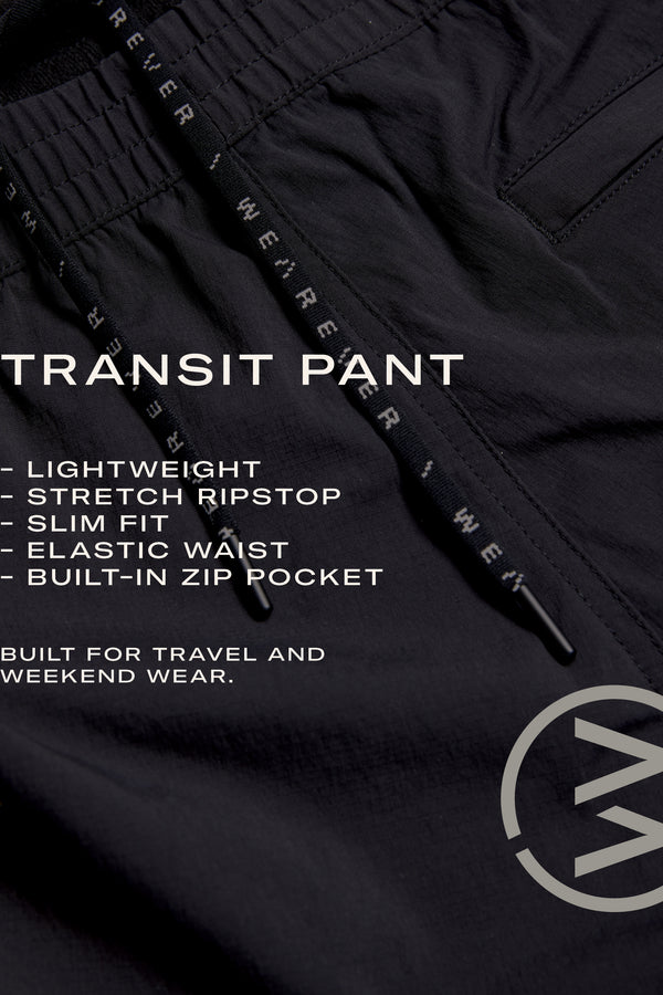Close-up of WearEver Transit Pant: black travel pants with elastic waistband and drawstring, featuring lightweight stretch ripstop, slim fit, elastic waist, and built-in zip pocket—ideal for any adventure.