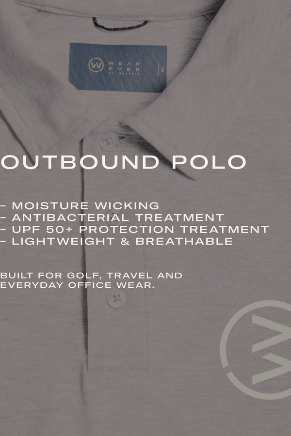 The WearEver Outbound Polo by WearEver is a light gray polo made from breathable cotton-blend, featuring quick-drying, moisture-wicking, antibacterial fabric, and UPF 50+—ideal for golf, travel, or the office.