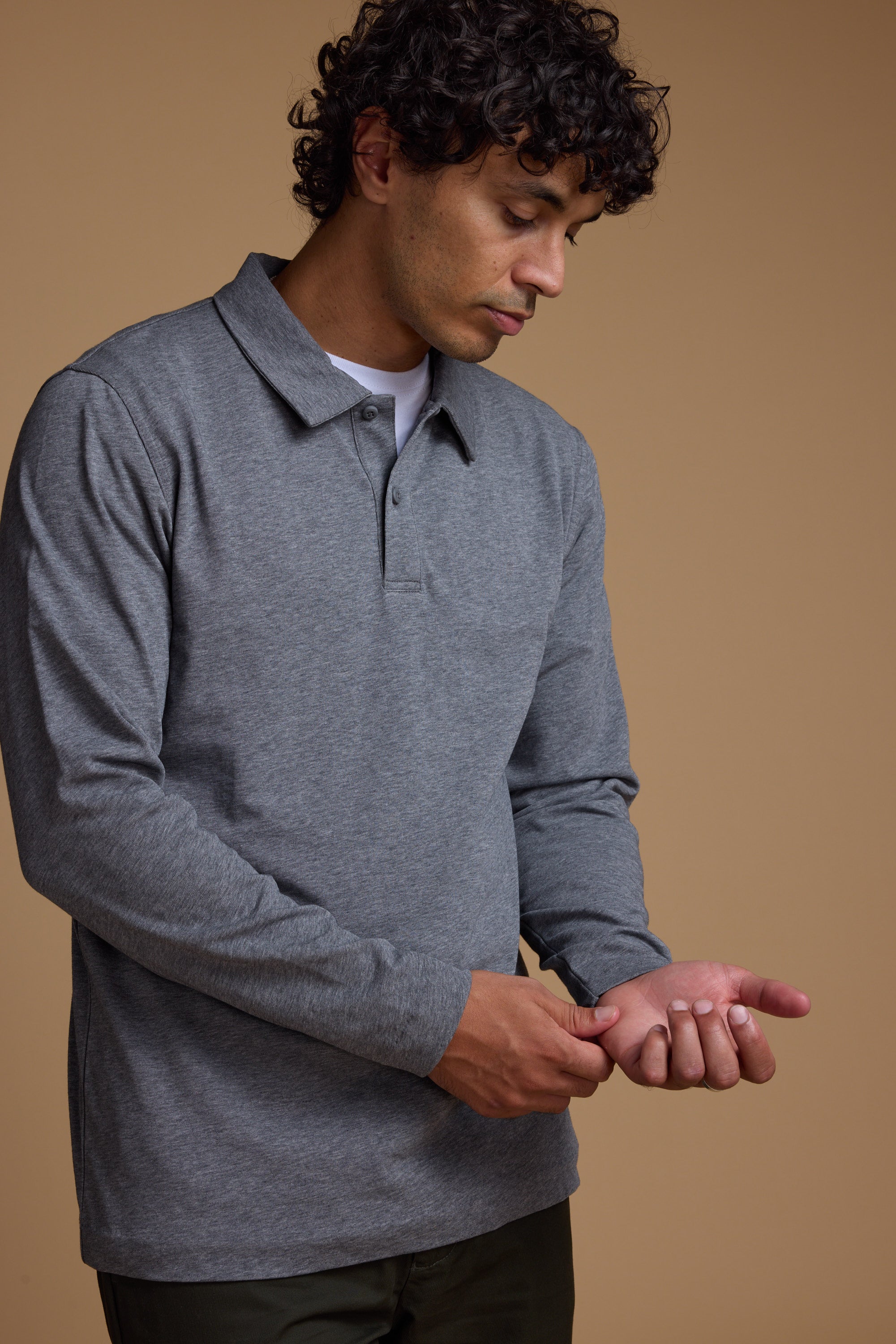 Barkers Austin Long Sleeve Polo in grey marl, cotton, alternate view