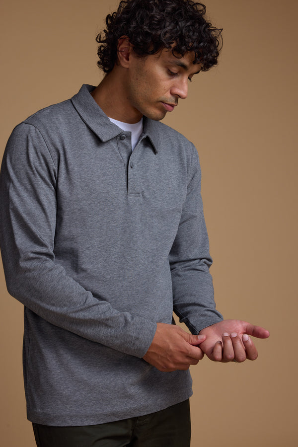 Barkers Austin Long Sleeve Polo in grey marl, cotton, alternate view