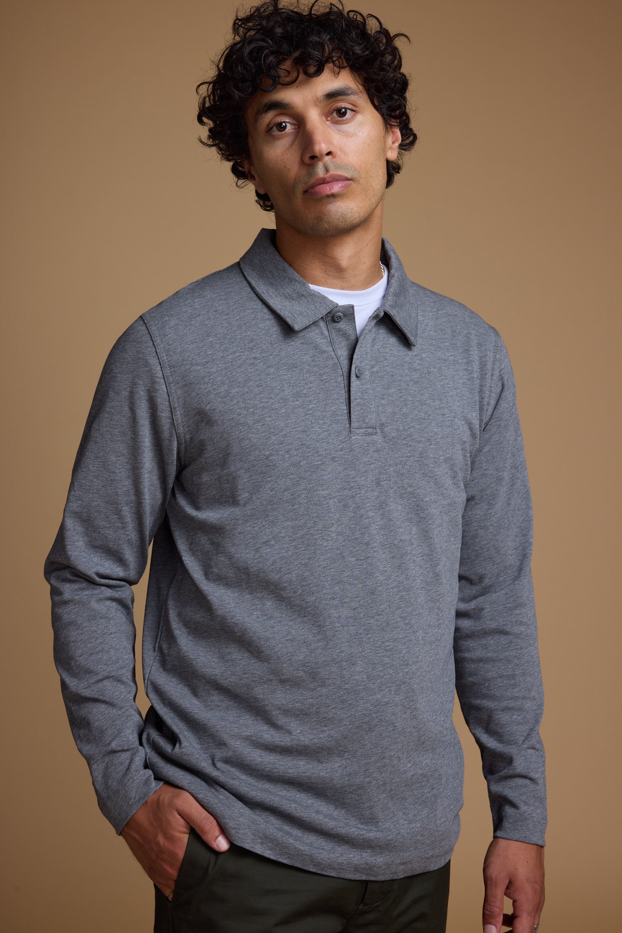 Barkers Austin Long Sleeve Polo in grey marl, cotton