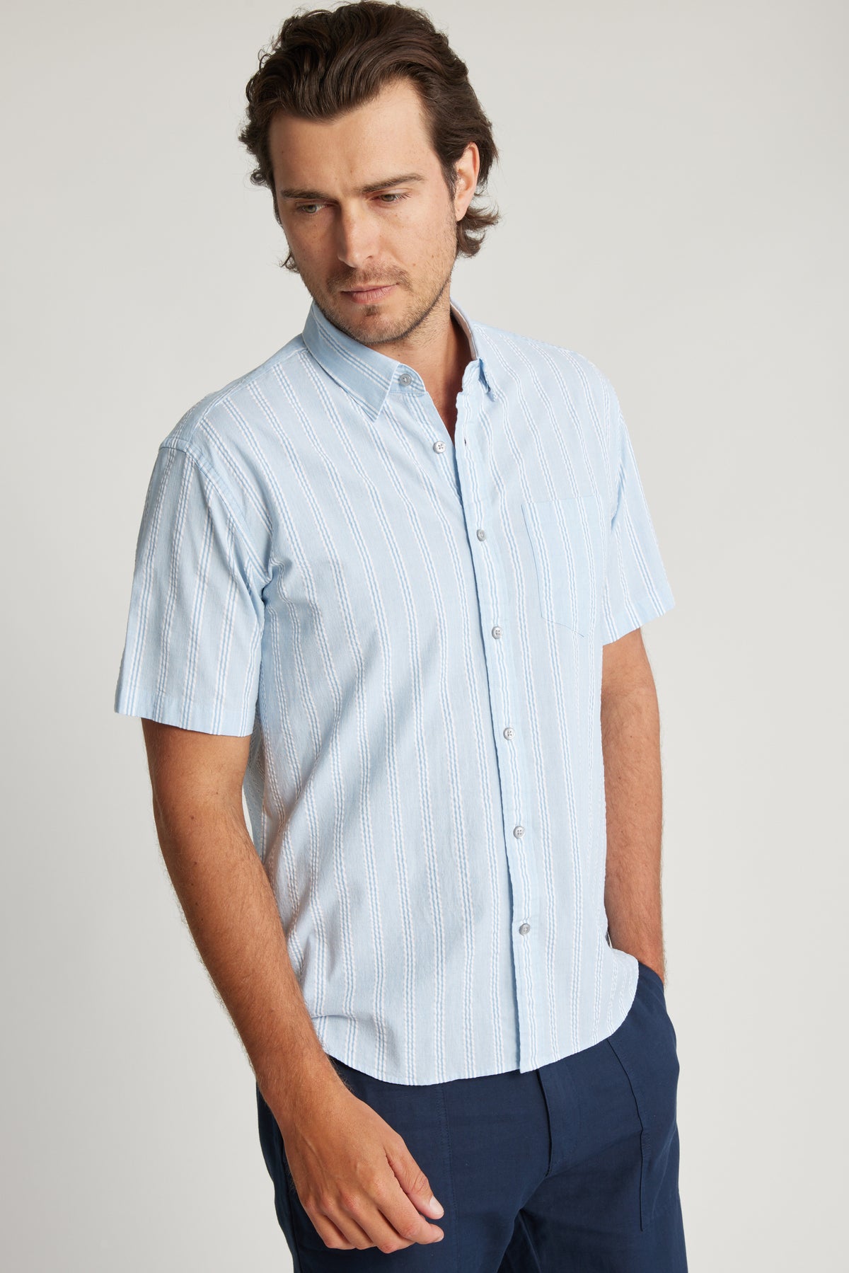 Barkers Tara Seersucker Stripe Shirt in blue stripe, tailored fit