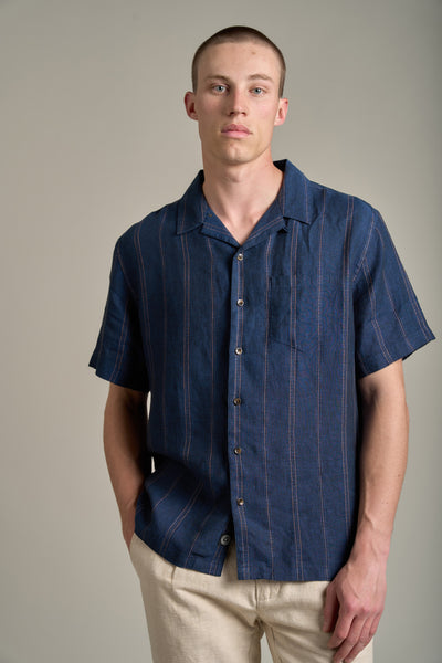 Barkers Seaway Linen Stripe Cuban Shirt in navy