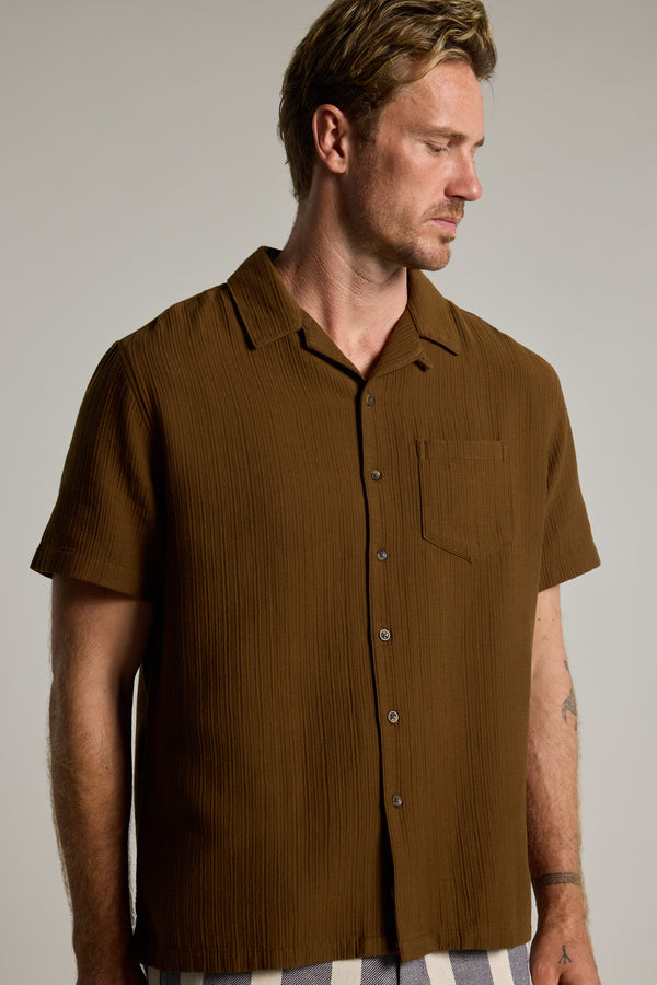 Barkers Penfield Texture Cuban Shirt in dark tobacco, additional view