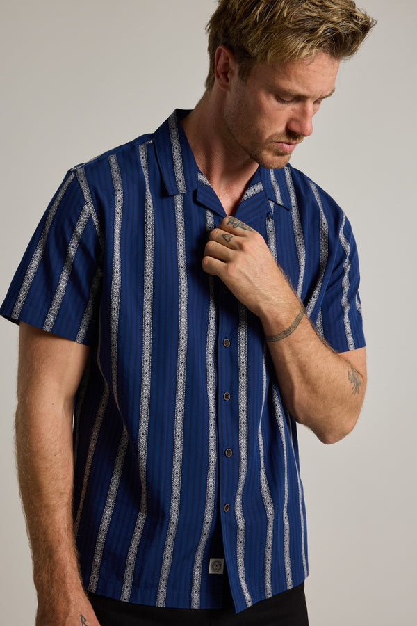 Barkers Harbour Stripe Cuban Shirt in blue, cotton, additional view
