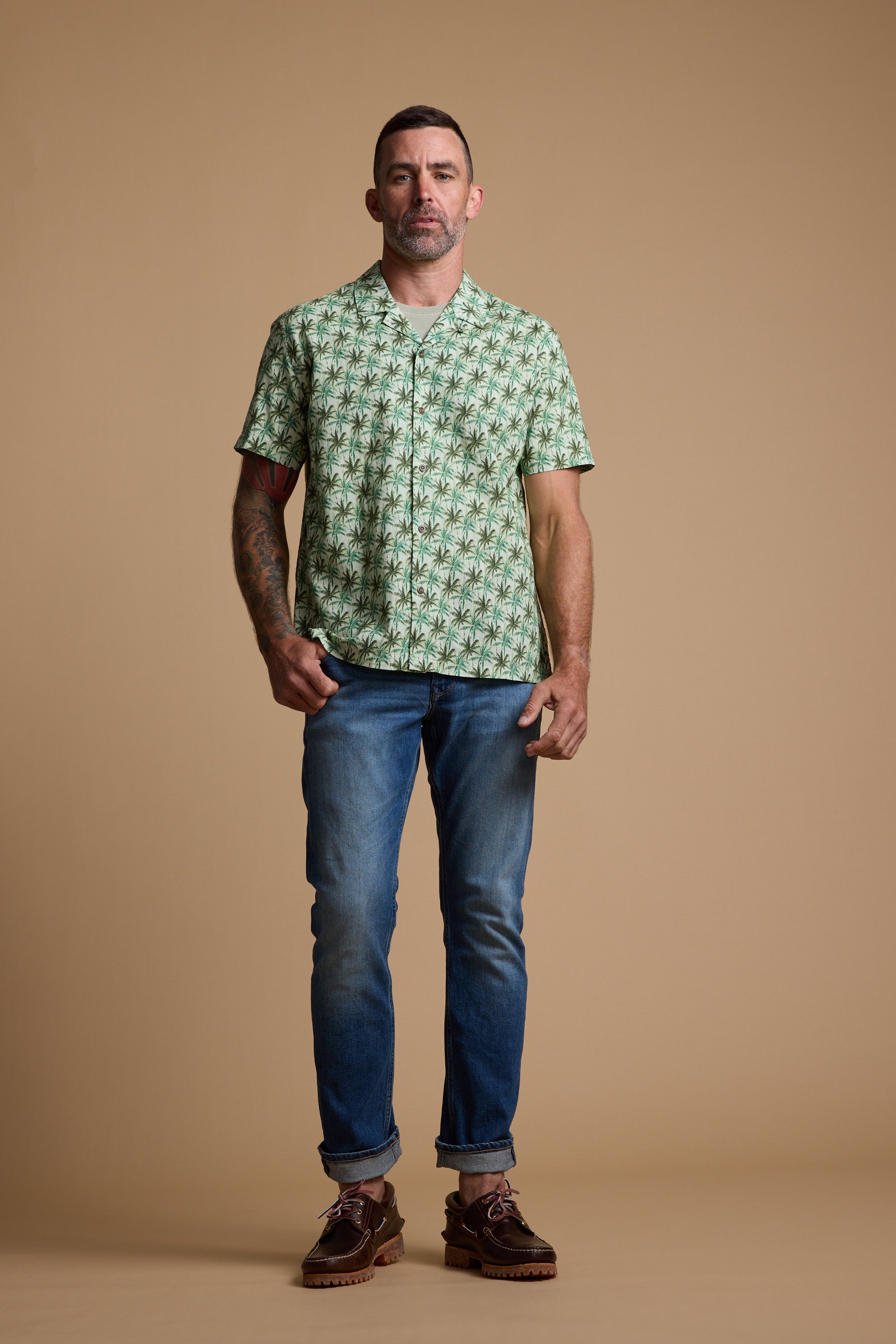 Barkers Arcola Print Cuban Shirt in khaki, alternate view