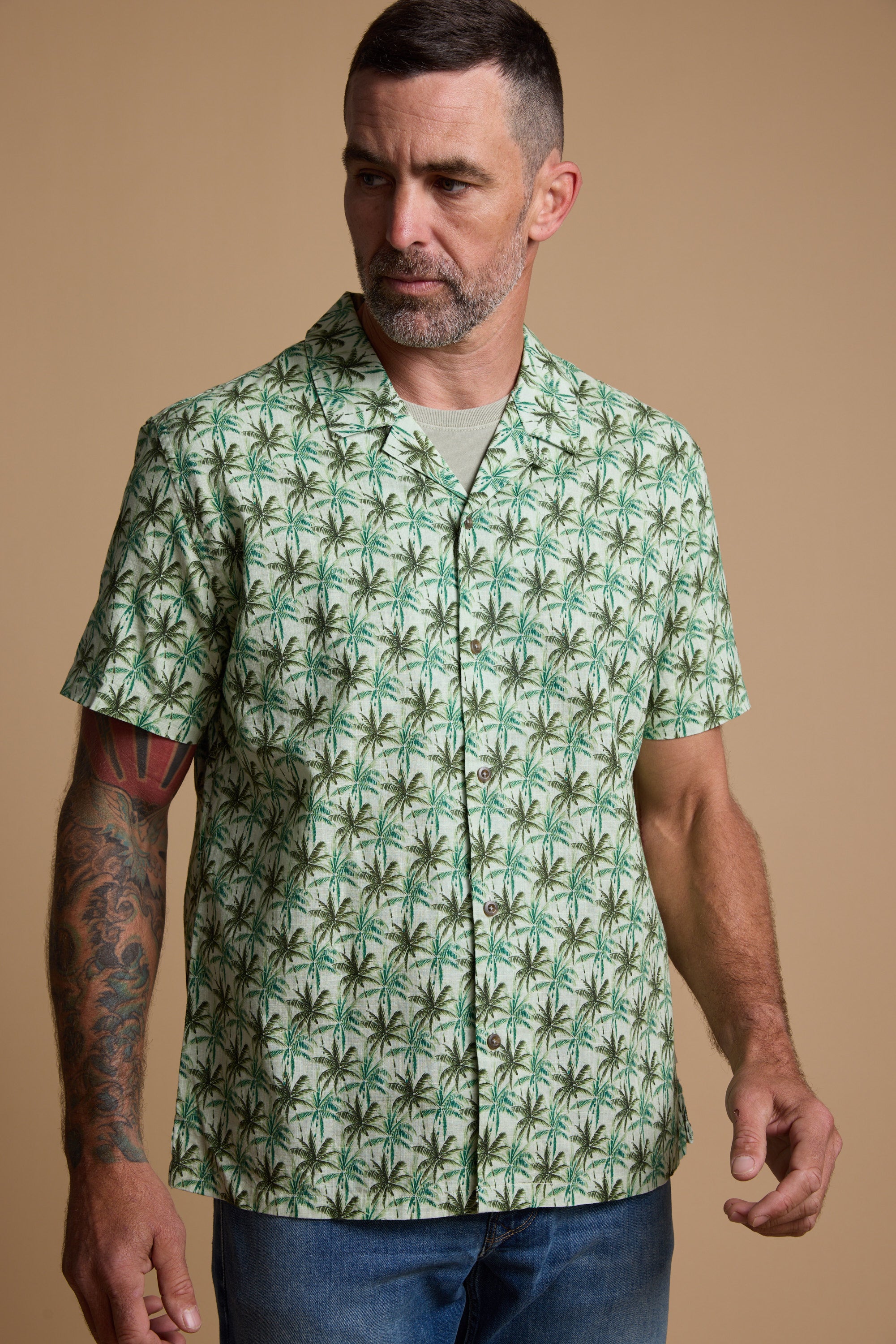 Barkers Arcola Print Cuban Shirt in khaki