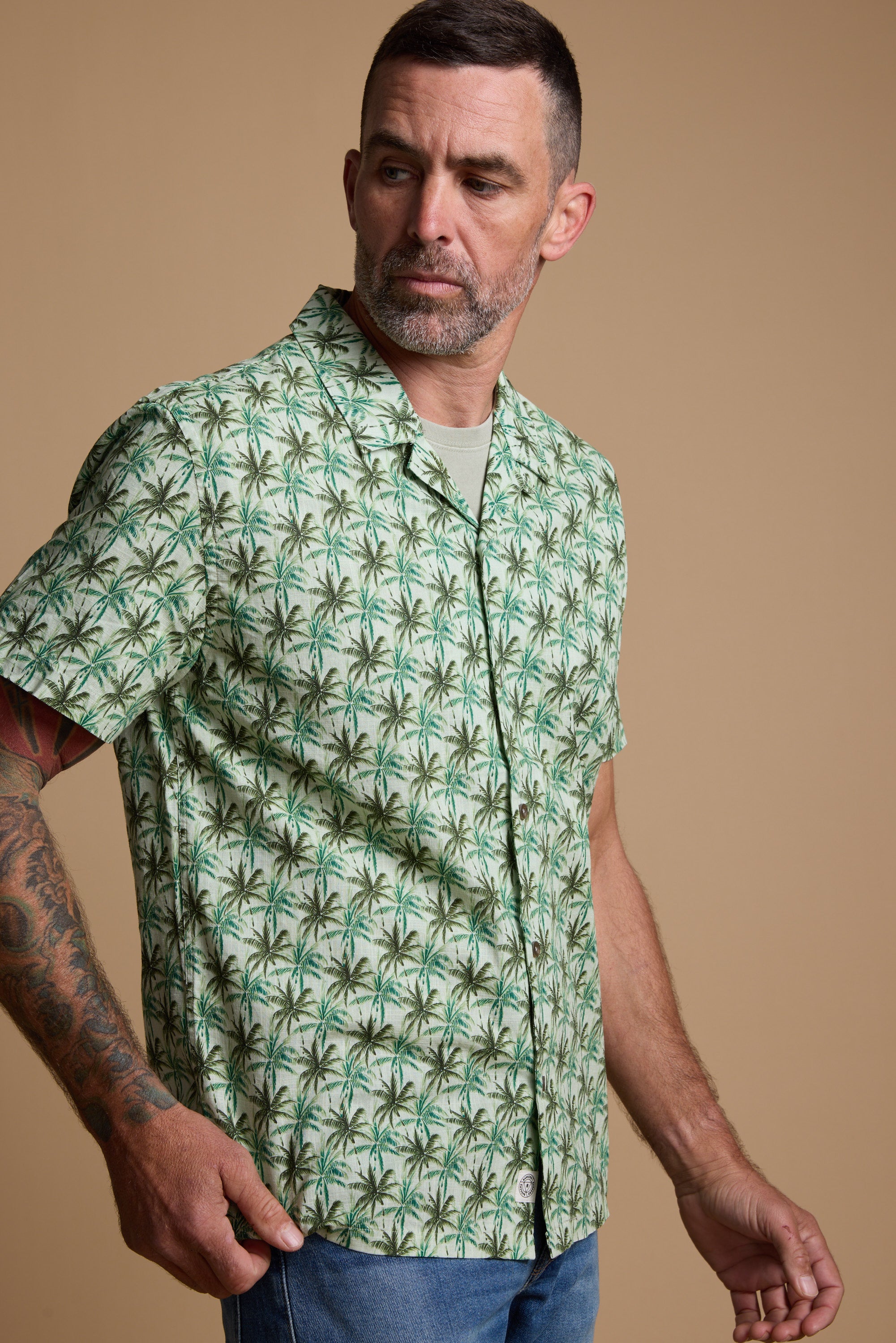 Barkers Arcola Print Cuban Shirt in khaki, additional view